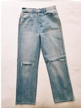 High-Rise Straight Leg Distressed Jeans - Light Blue